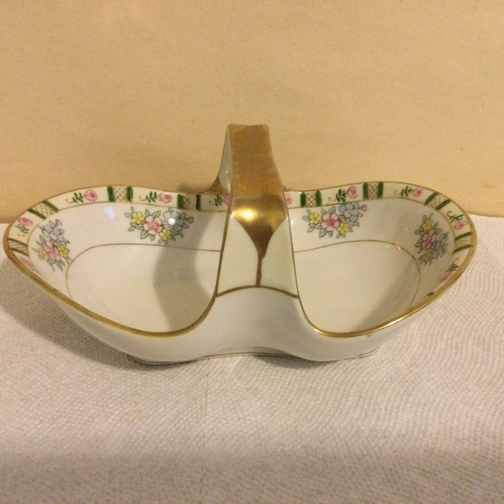 Vintage hand painted Nippon handled bowl basket floral gold Japanese porcelain